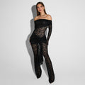 Amazon  spring new european and american style women's sexy lace hollow-out see-through slim-fit jumpsuit