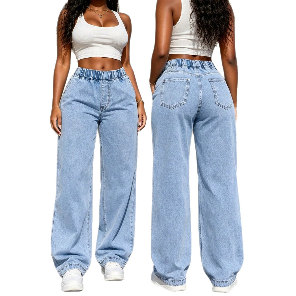 Fashionjeans women's light blue washed elastic waist loose pants casualdrapedloosestraight-leg denim pants