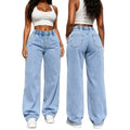 Fashionjeans women's light blue washed elastic waist loose pants casualdrapedloosestraight-leg denim pants