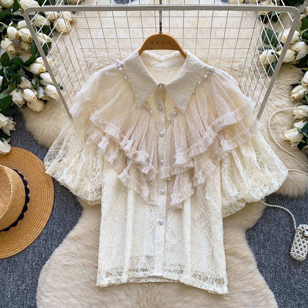 Palace style heavy industry beading lacepatchworkrufflesshirt women's summeraccessible luxury socialite age-reducing eleganttops