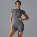 New european and american summer zip-up short sleeve shorts yoga jumpsuit women's dance fitness bodysuit