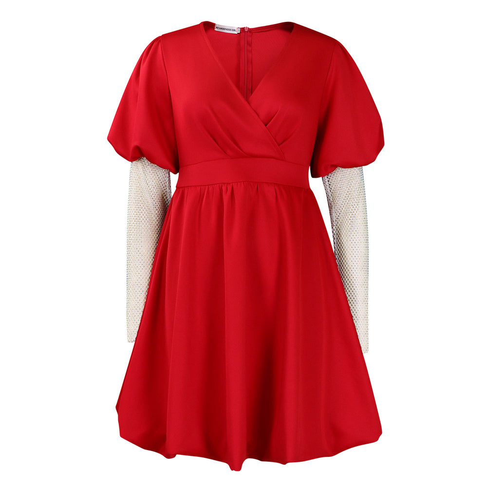 D495   european and american foreign trade women's v-neck flared bubble sleeve evening gown bridesmaid dress