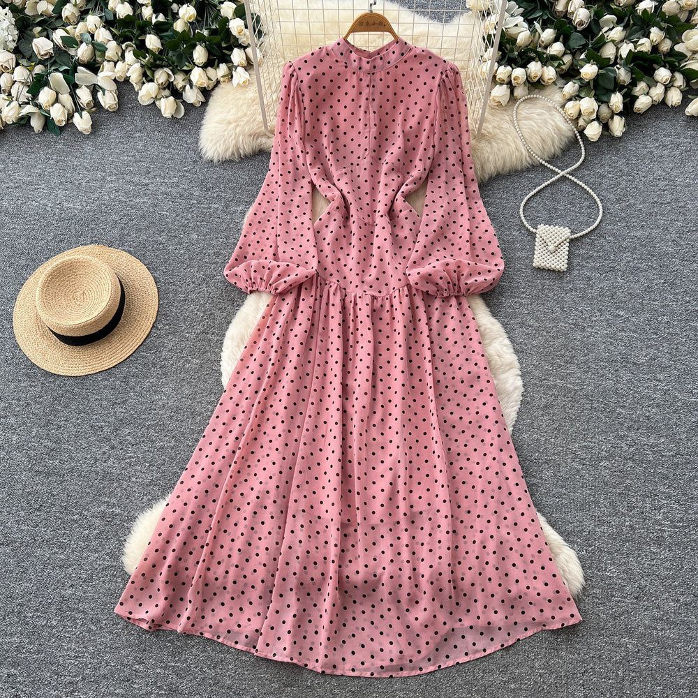 French chic stand collar lantern sleeve polka dot dress - women's slimming a-line maxi dress - autumn  new arrival