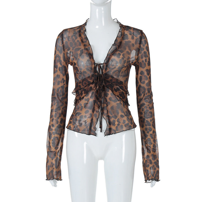 European and American ins women's clothing 2024 summer new fashion sexy mesh see-through cardigan strap leopard print T-shirt tide wholesale