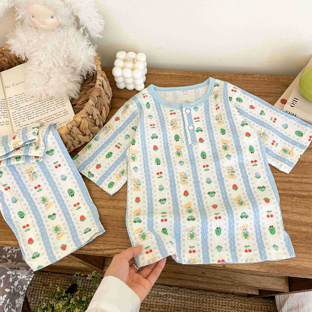 Summer lightweight crinkle cotton baby air conditioning suit set, separates pajamas, boys and girls' three-quarter sleeve loungewear