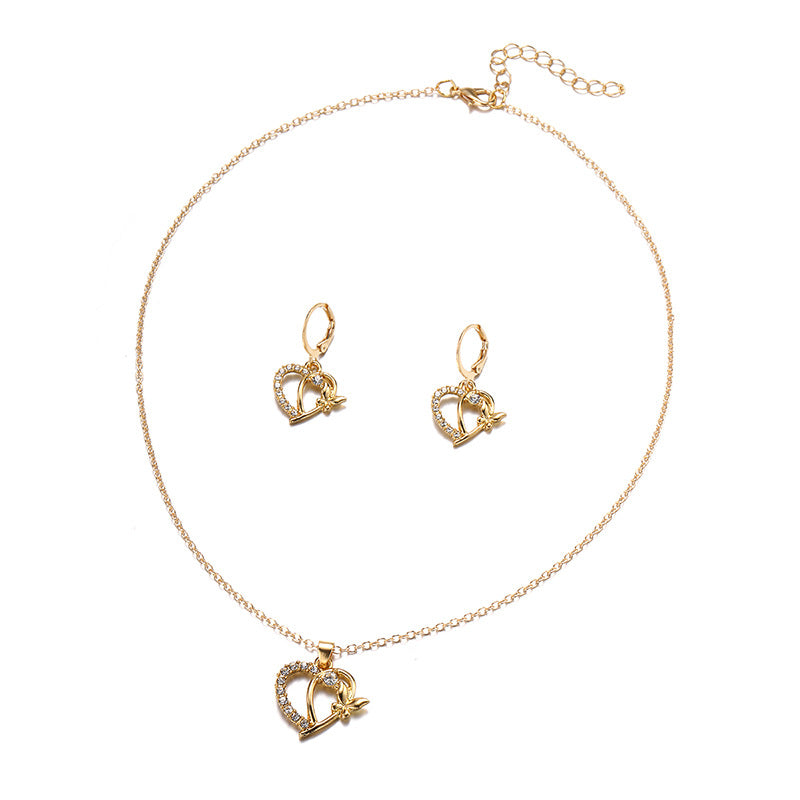 Wholesale heart stud earrings - european & american style cross-border earring jewelry set for women - diamond-accented versatile alloy butterfly sweater necklace - winter collection