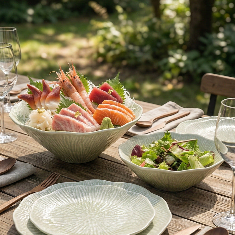 Ceramic asymmetrical fruit salad bowl - unique minimalist striped conical bowl - noodle bowl - sashimi & western cuisine serving bowl