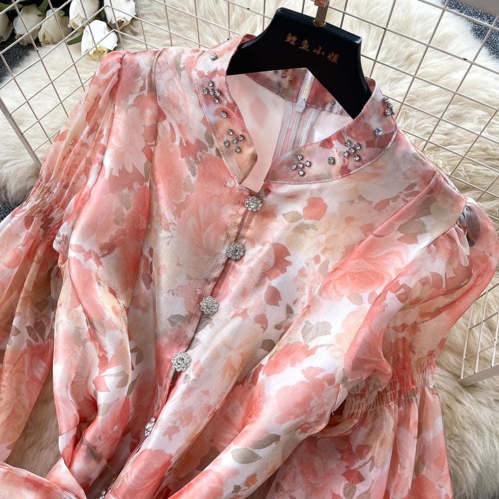 French romantic lantern sleeve printed dress - women's  autumn collection - slim fit a-line maxi dress - commute chic & elegant