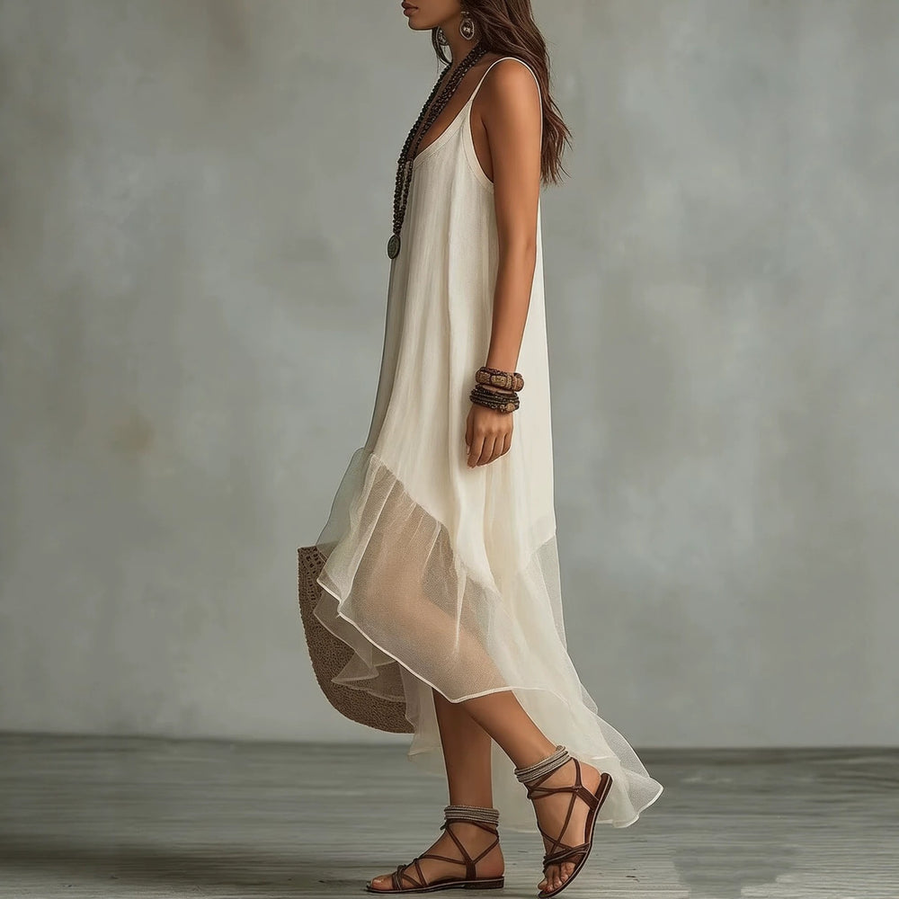 new cross-border  style bohemian vacation solid color cami dress with u-neck for women