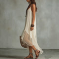 new cross-border  style bohemian vacation solid color cami dress with u-neck for women