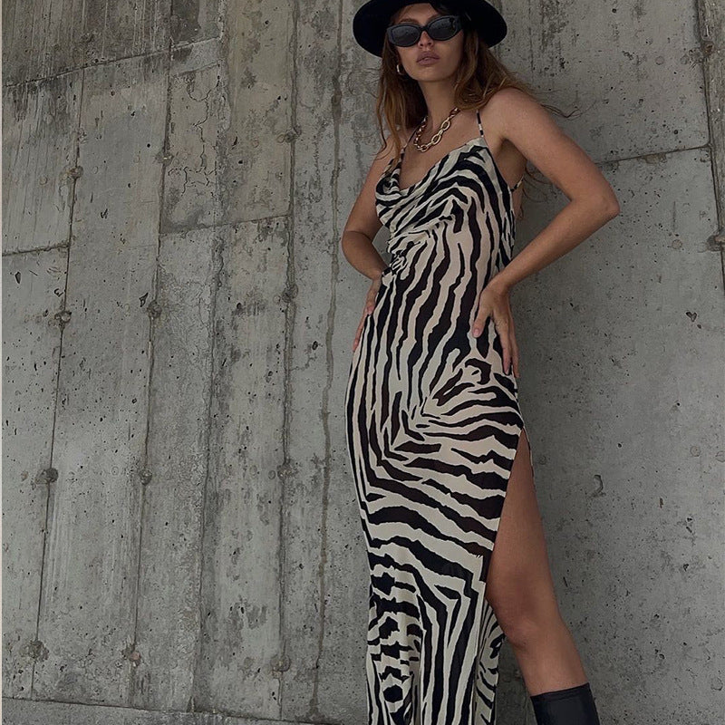 European and american cross-border  new women's fashion zebra print high slit tie-up see-through sexy vacation dress