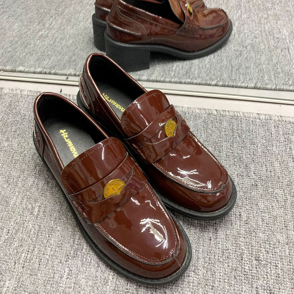 Grape mom's same british style retro women's soft leather round toe small gold coin slip-on thick heel heighteningthick sole loafers