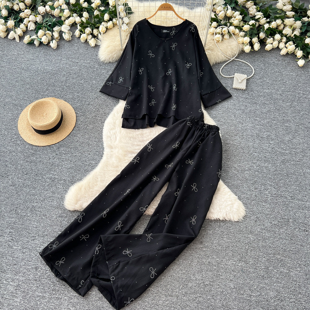 Light mature style round neck sweetbowsprintingtwo-piece set women's spring autumwork clothing style three-quarter sleeve fashionablesuit