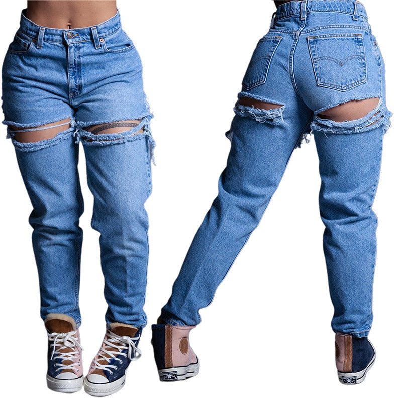 Amazon  jeans women's new arrival hot selling loose high waist wide leg pants ripped jeans casual pants