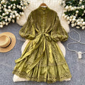 spring/summer new arrival: lantern sleeve vintage hollow-out lace patchwork single-breasted loose tie-waist mini dress for women