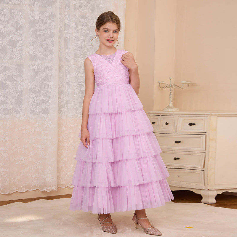 Custom girls' formal dresses, tiered cake dresses, long vest dresses, cross-border e-commerce, big & tall girls' dresses, french princess dresses