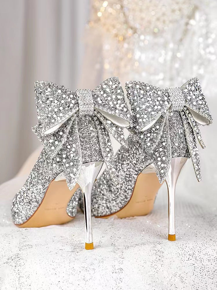 Wedding dress shoes, bridal high heels, wedding shoes, bow shoes, women's stiletto heels, 2025 new high heel sandals, black