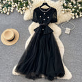 Xiaoxiangfeng socialite pink lace a-line dress women's summer waist slimming look mesh long skirt classy sense of commuting