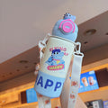 Creative double-drink kids' thermos: 316 stainless steel, one cup, three ways to drink, cute character straw cup, large capacity water bottle