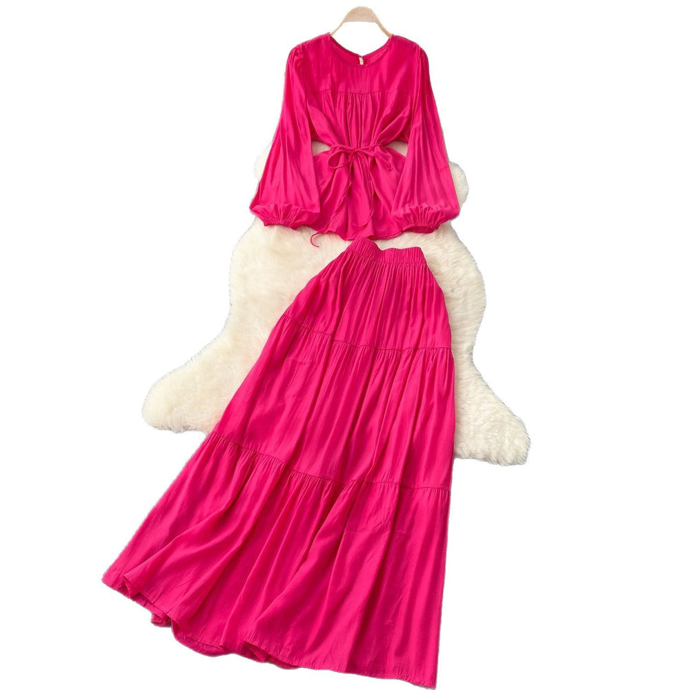 Gentle wind age-reducing suit women's springfrench strap waist round neck long sleevesshirt + high waistdraped skirt