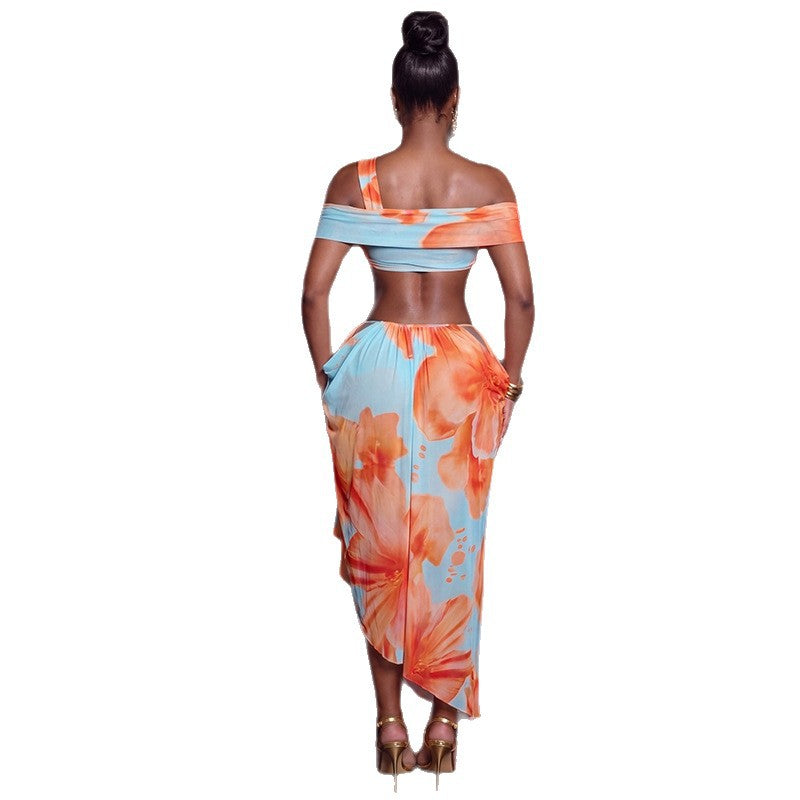 Fashion styleexportsummerprinting women's cool color matching chest wrap hip skirt home oblique collar backless long dress