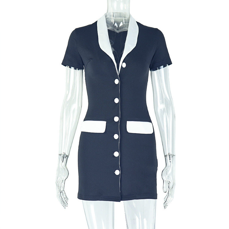 European and American  temperament contrasting women's clothing, black and white waist suit skirt, slim cardigan, V-neck button-down short dress