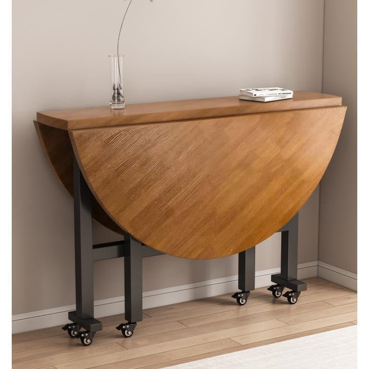 Assembled folding round table - compact, mobile, multi-functional table with wheels for home use (small apartments)