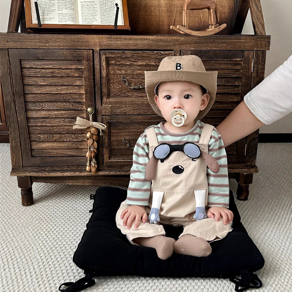 Infant and toddler clothing, spring and autumn outfits, baby boy's outing wear, full-month and 100-day celebration, cute cartoon flying puppy two-piece set