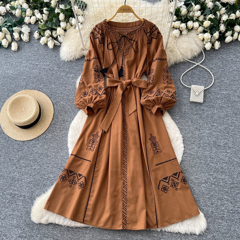Bohemian embroidered maxi dress - women's summer long sleeve tie-waist a-line dress - vintage ethnic style