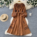 Bohemian embroidered maxi dress - women's summer long sleeve tie-waist a-line dress - vintage ethnic style