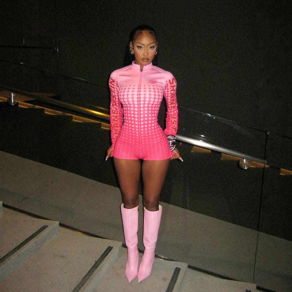 Early autumn new European and American  popular fashion versatile spot printing sexy zipper cardigan long-sleeved jumpsuit women