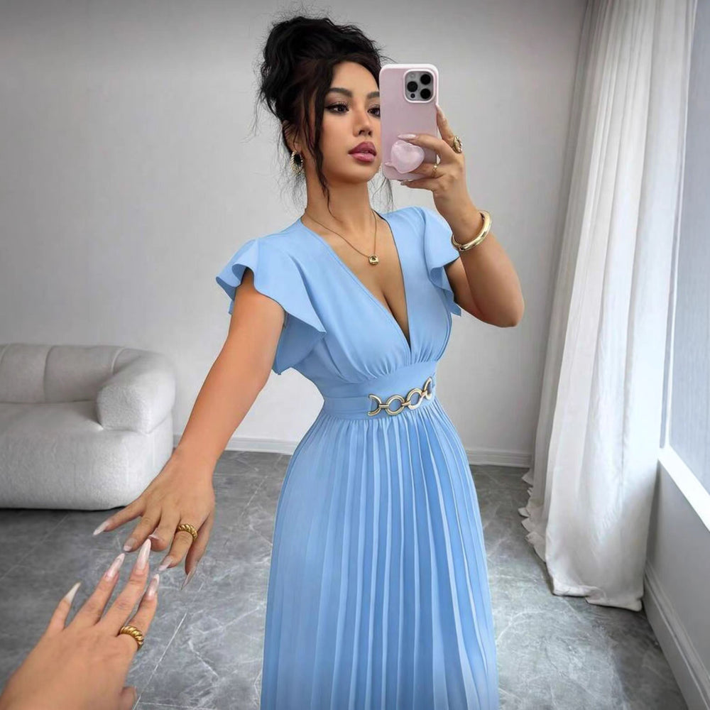 new v-neck ruffle sleeve solid color metallic embellished pleated design elegant long dress