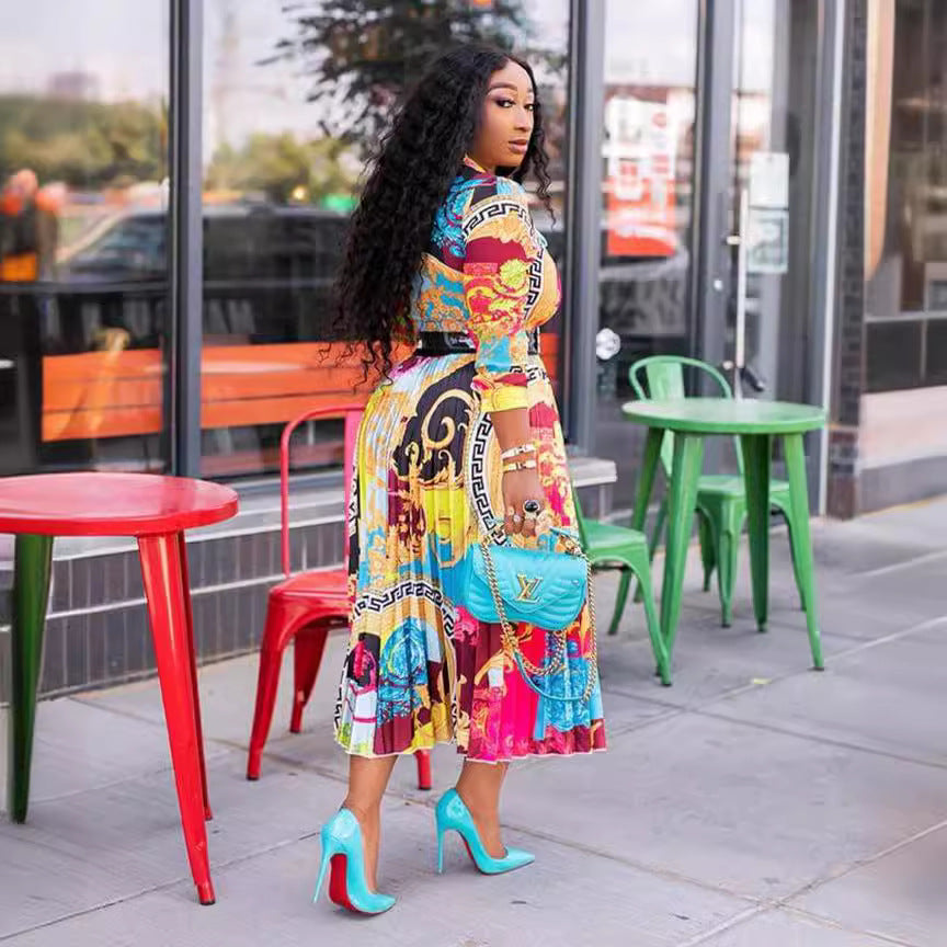 spring/summer new arrival: african print midi dress with bow collar and three-quarter sleeves - plus size women's clothing