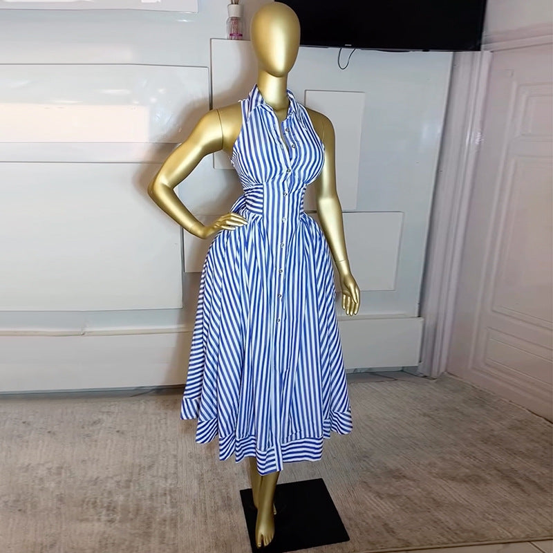European and american cross-border women's fashion:  spring new arrival - elegant sleeveless striped shirt dress with tie waist, mid-length