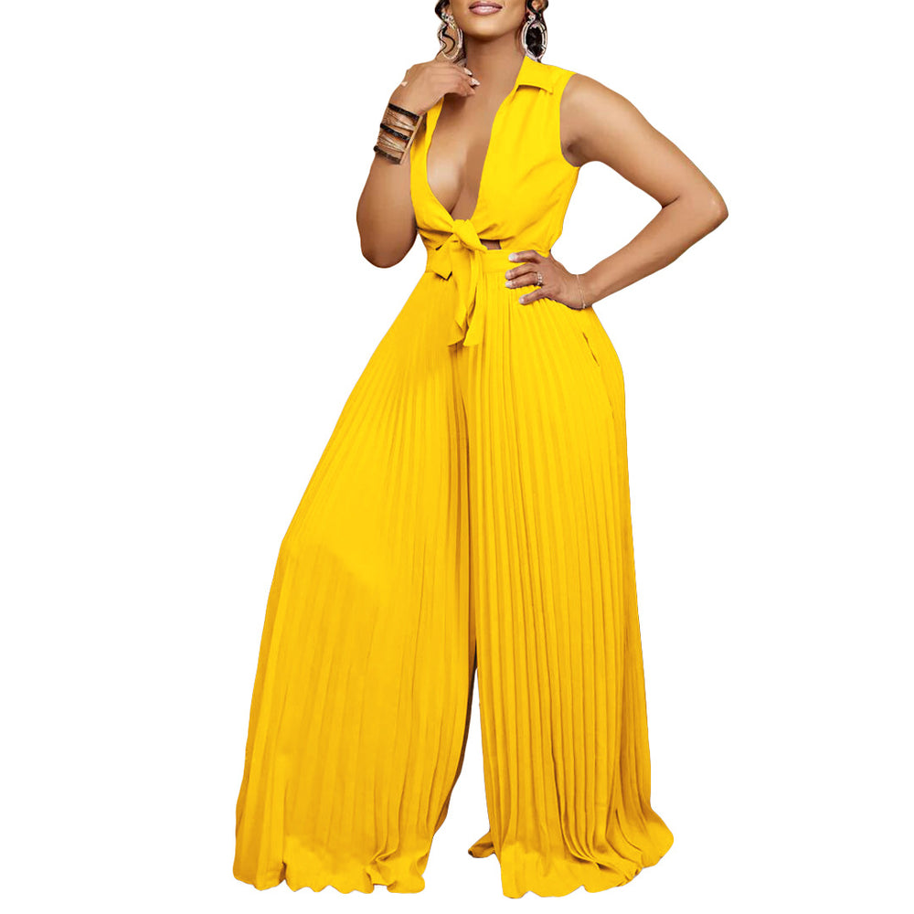 C8533 european and american style women's summer  new fashion v-neck long sleeve turn-down collar loose pleated wide leg jumpsuit - cross-border e-commerce item