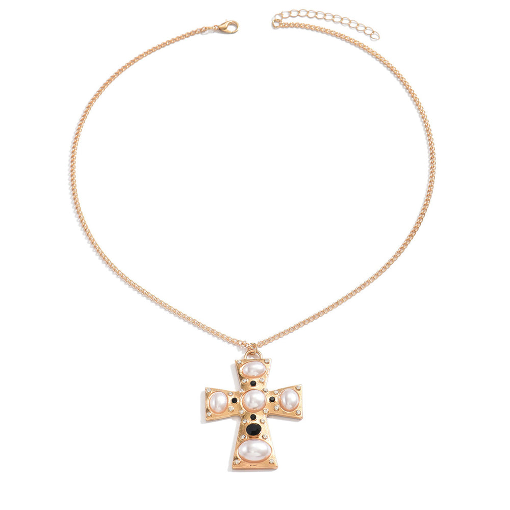Imitation pearl metal cross pendant wholesale - european & american cross-border punk style - unique necklace for women - high-end clavicle chain
