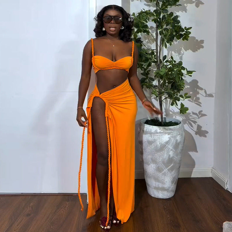 European and american women's clothing  autumn new sweet and fresh camisole slimming drawstring waist midi skirt two-piece set