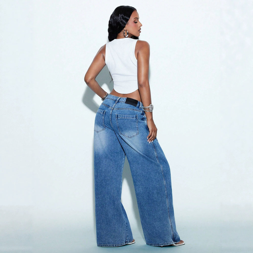 Fashionjeans women's double-layer cross waist loose pants washed stylishsense of designhigh waistmop denim pants