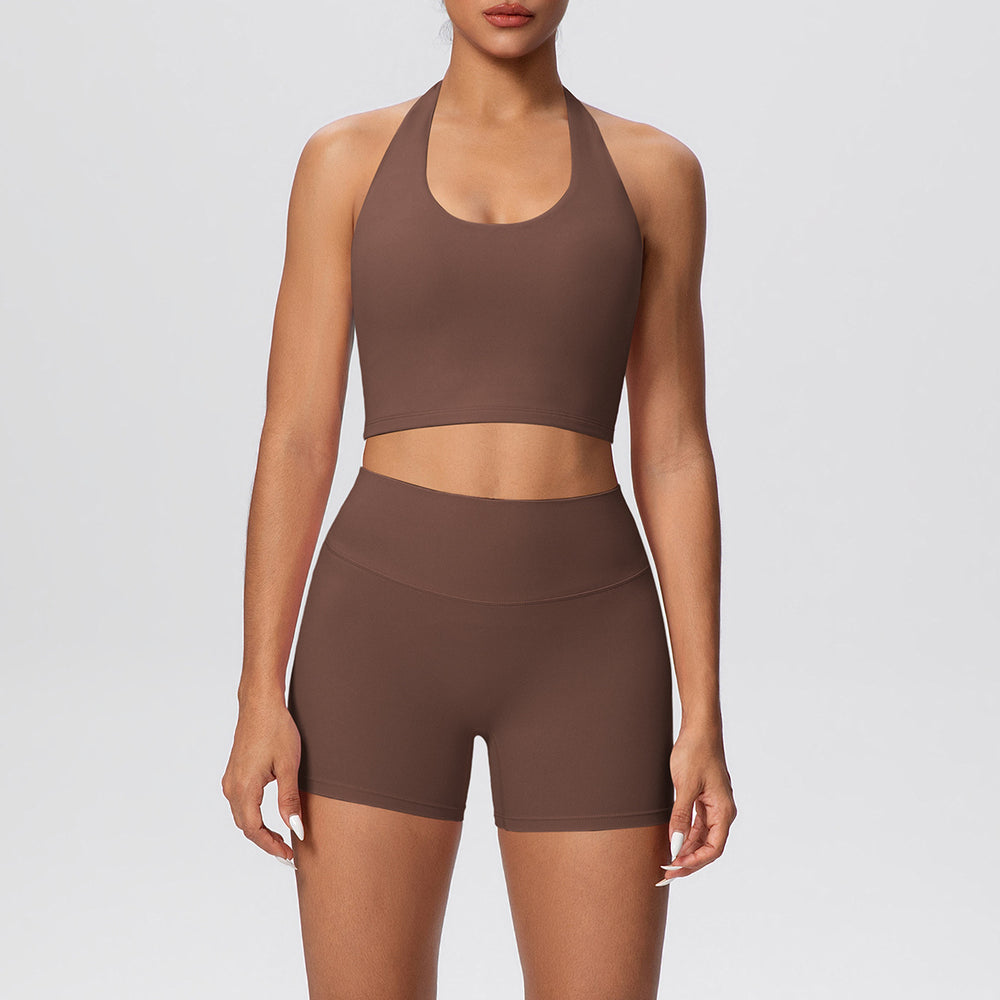 New arrival cross-border pure color double-sided brushed tight haltershorts yoga suit sports running fitness two-piece set