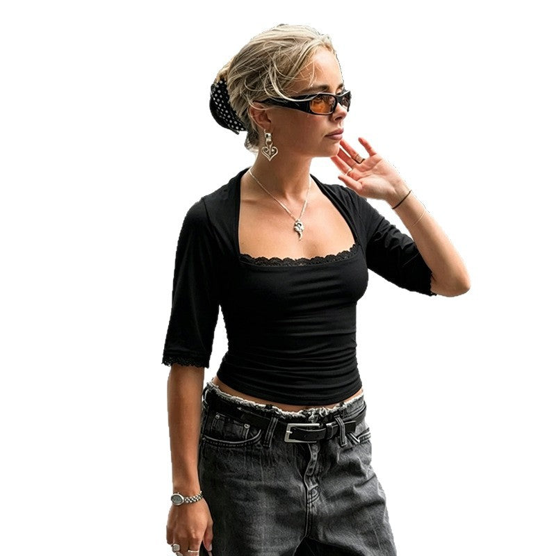 European and american cross-border women's fashion:  summer new arrival - stylish solid color u-neck lace trim mid-sleeve slimming top/t-shirt
