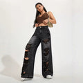 European and american heavy-duty distressed black and grey wash wide-leg jeans - women's high-waisted straight-leg streetwear hot girl style trousers