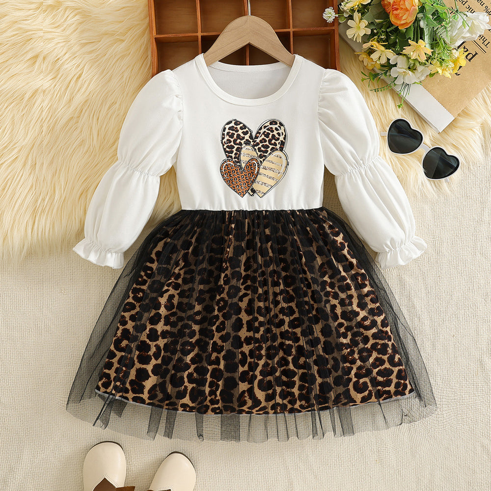 girldress lantern long sleeves heartprinting leopard print patchwork gauze skirt kidsautum princess dress