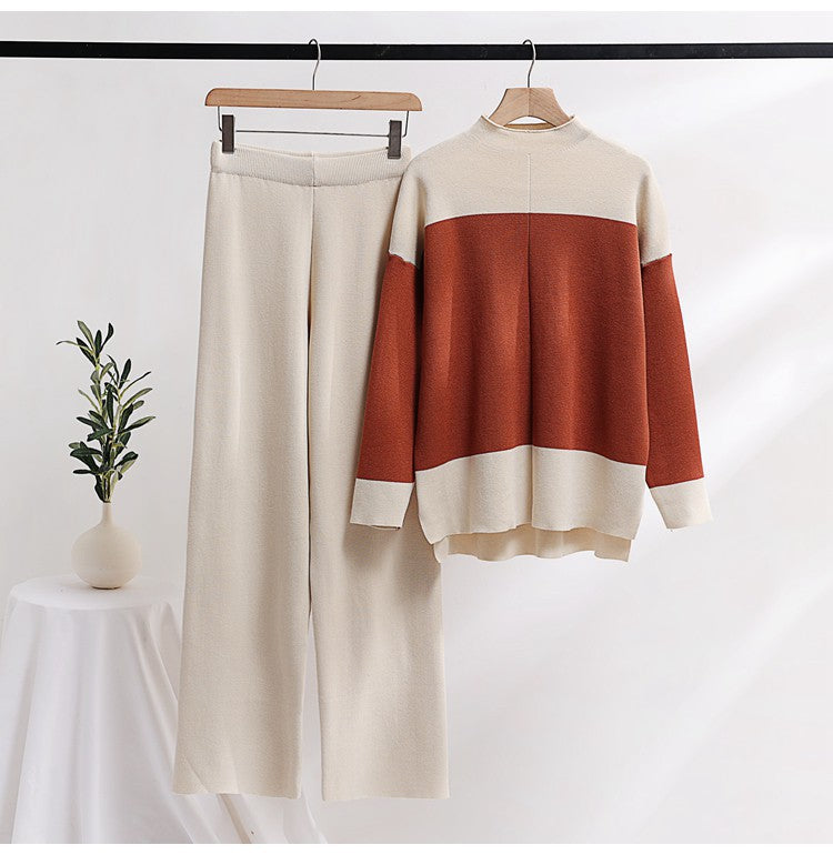 K-stylelong sleevesfashionsuit women's loose stand collar stripesknitting shirttopstwo-piece sethigh waiststraight-legloose pants