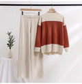 K-stylelong sleevesfashionsuit women's loose stand collar stripesknitting shirttopstwo-piece sethigh waiststraight-legloose pants