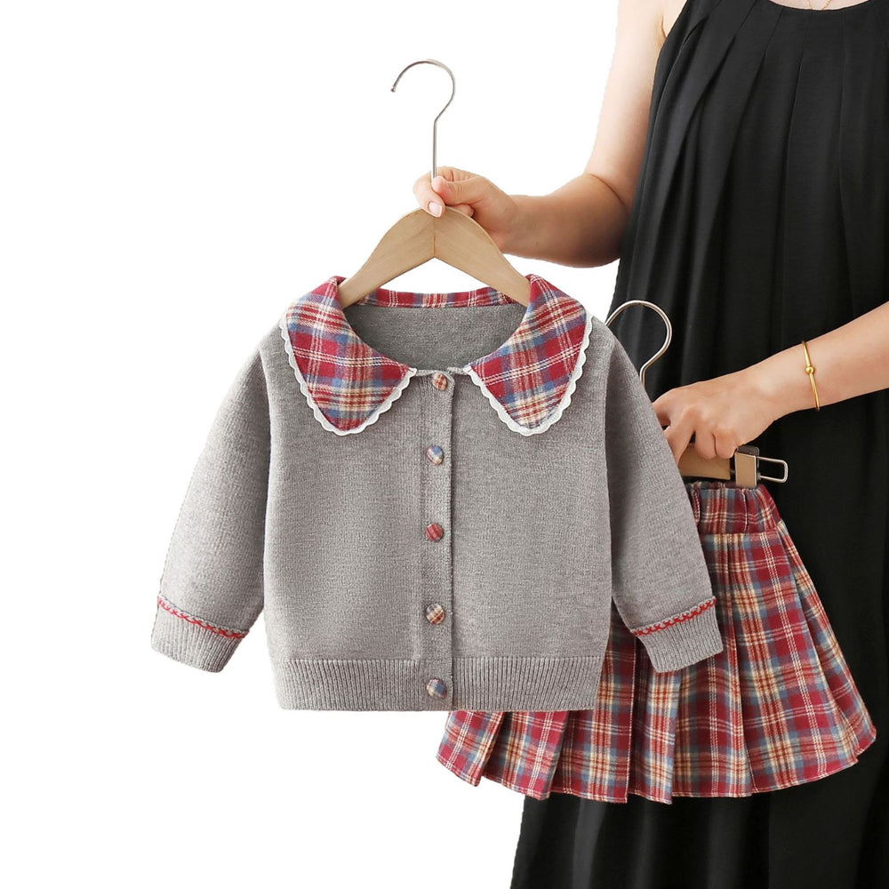 Girls' sweater set - new autumn/winter  collection: round neck, patchwork plaid knit cardigan, jk two-piece outfit