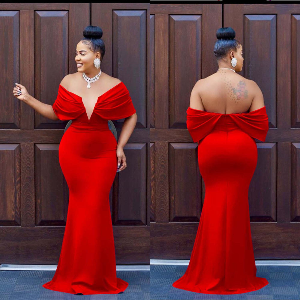 C6587 cross-border   fashion women's solid color off-the-shoulder deep v backless mermaid prom dress
