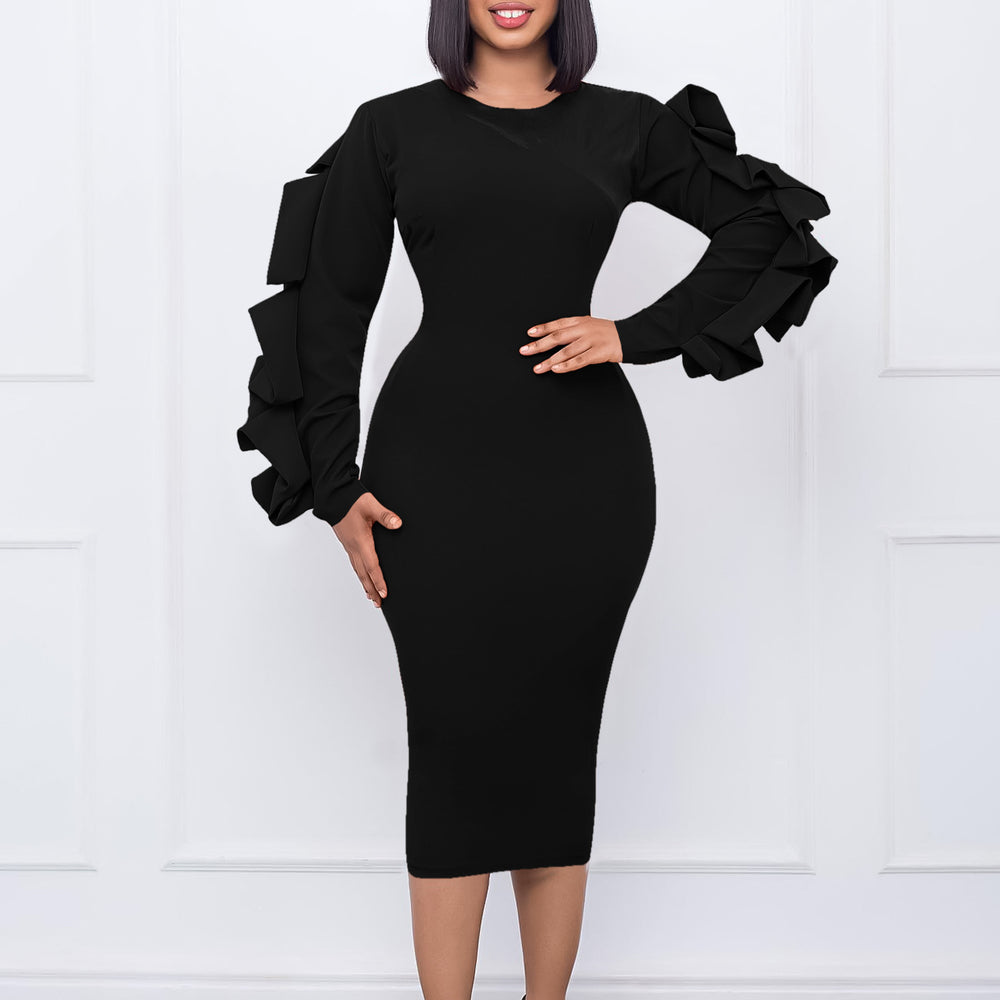 Q085 cross-border women's clothing european and american clothing  new round neck fungus edge hip-covering large size eleganceexportdress