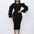Q085 cross-border women's clothing european and american clothing  new round neck fungus edge hip-covering large size eleganceexportdress