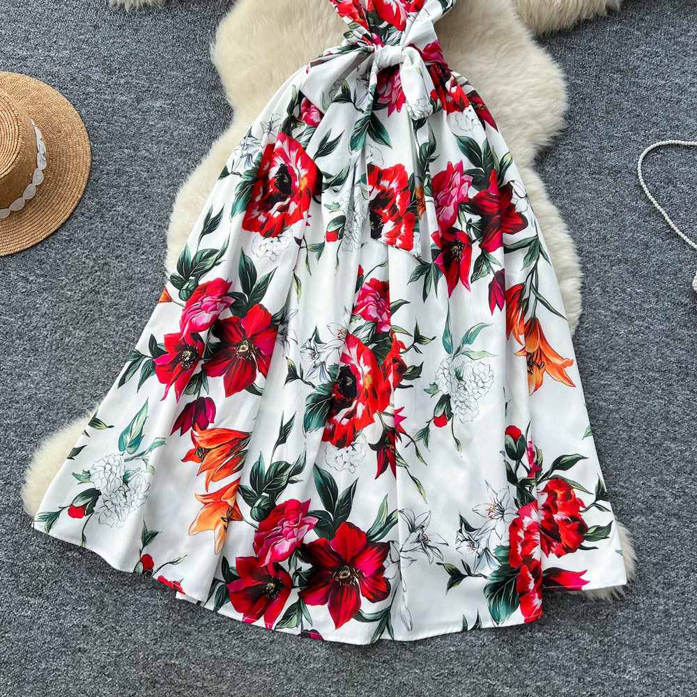 European and american style niche fashion printed dress - women's high-end tie-waist slimming sleeveless vest maxi dress