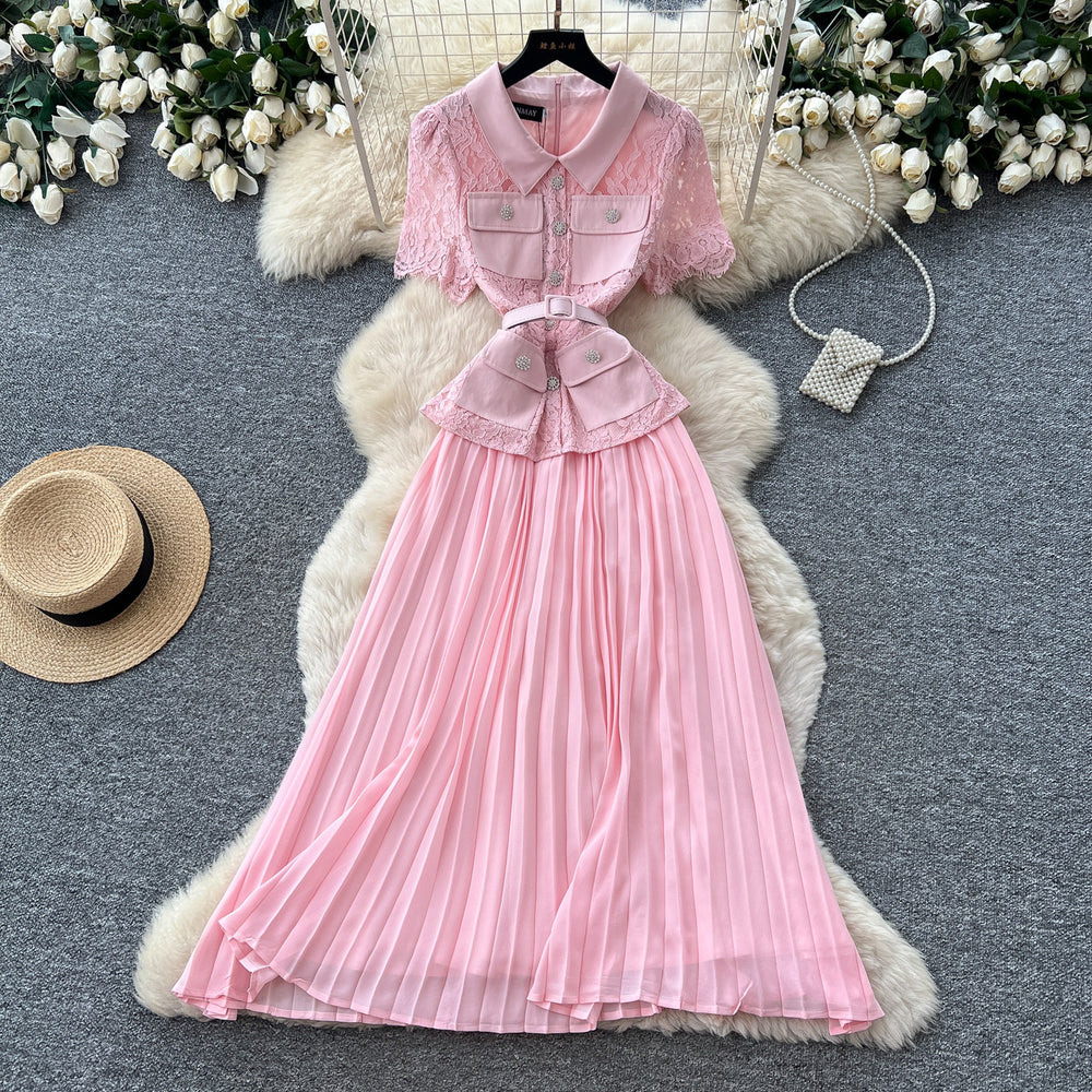 French chic red lapel lace patchwork dress - women's summer high-end commute elegance pleated skirt